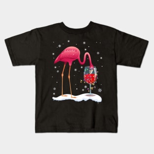 Funny Pink Flamingo Drink Wine On Christmas Xmas Gift Kids T-Shirt